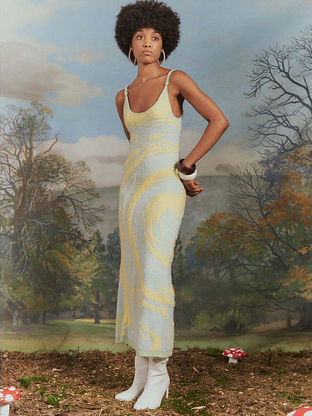 House of Sunny Hockney Dress- Knit Maxi Dress in Pale Blue and Soft Yellow